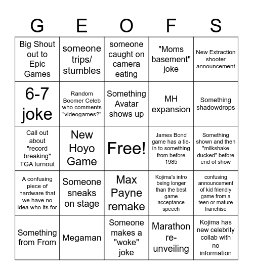 TGA 2025 Bingo Card