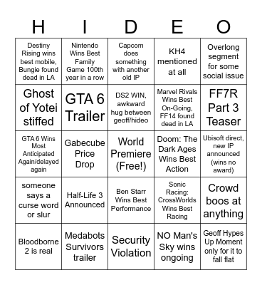 TGA 2025 (The Horror Won't End) Bingo Card