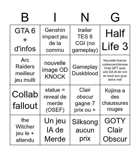 GAME AWARDS 2025 Bingo Card