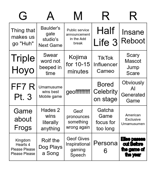 Game Awards Bingo Card
