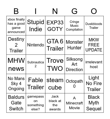 Game Awards Bingo Card