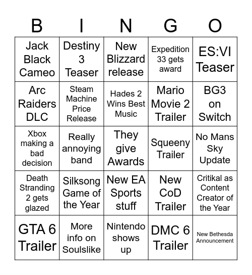 GWA Bingo Card