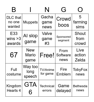 Game Awards Bingo Card