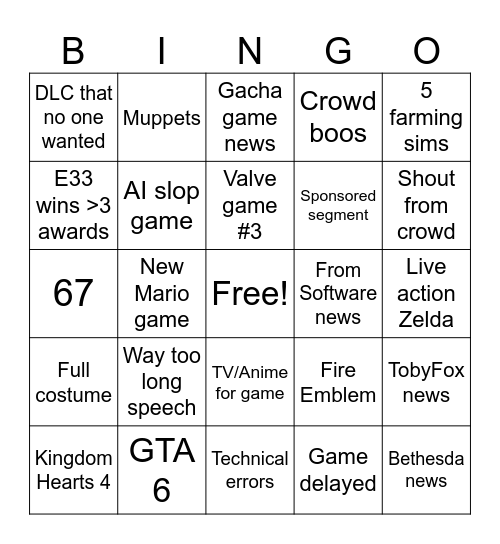 Game Awards Bingo Card