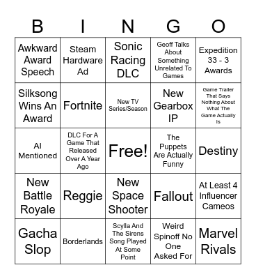 Gayme Award (: Bingo Card