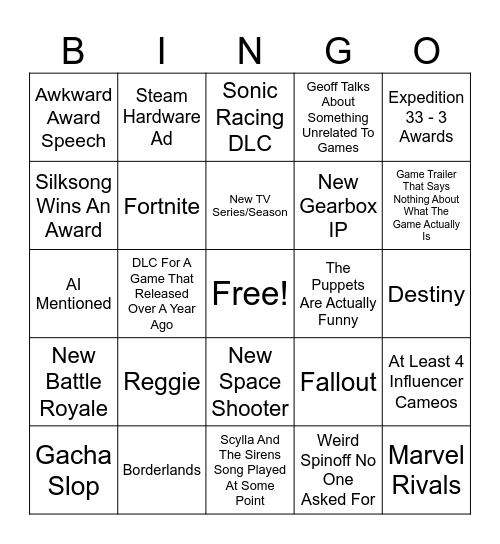 Gayme Award (: Bingo Card