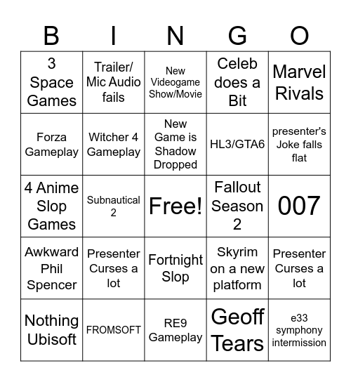 Game Award Bingo Card