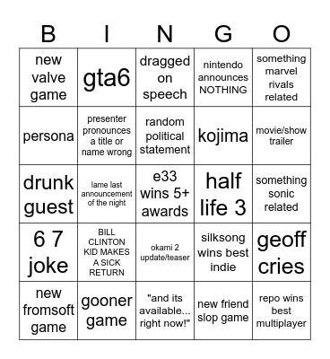 my goty bingo card Bingo Card