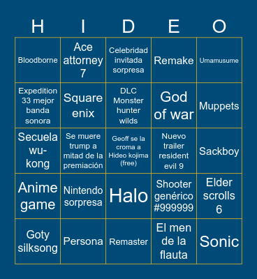 Game awards 2025 Bingo Card