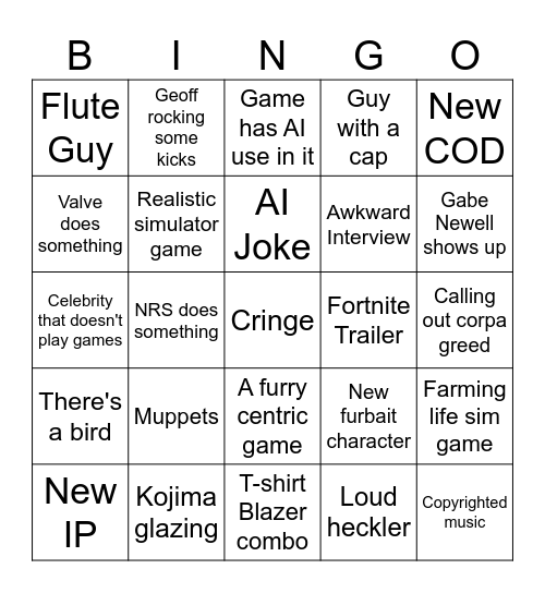 Game Awards 2025 Bingo Card