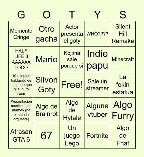 GOTYS BINGO Card