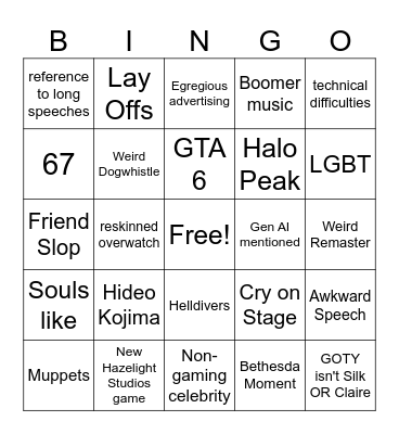 Game Awards 2025 Bingo Card