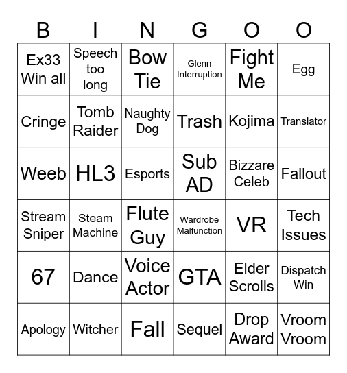 Game Awards Bingo Card
