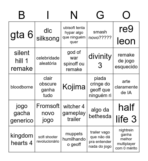 game awards bingo Card