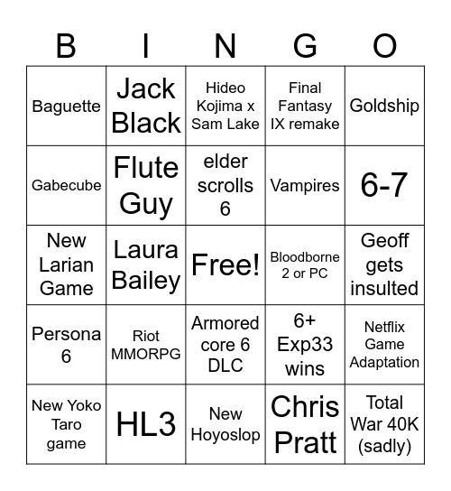 Game Awards Bingo Card