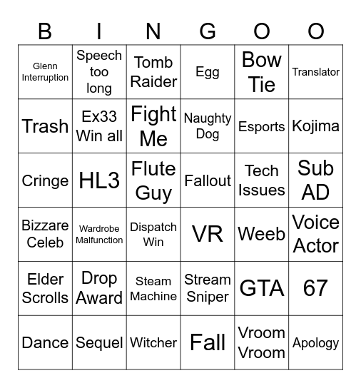 Game Awards Bingo Card