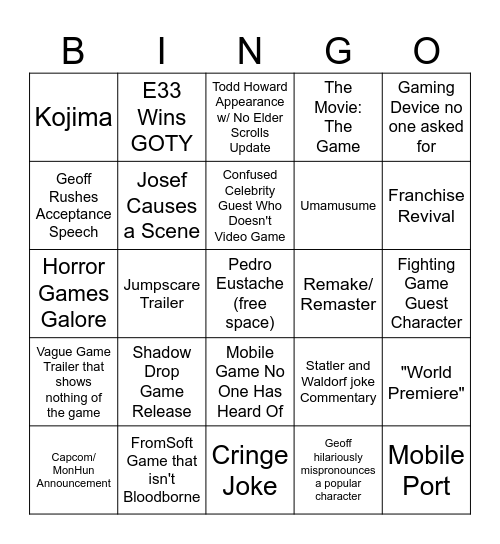 Game Awards 2025 Bingo Card