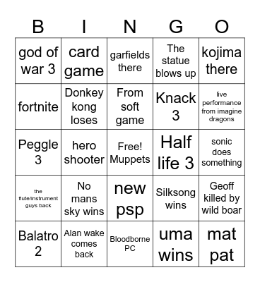 Game Awards Bingo Card