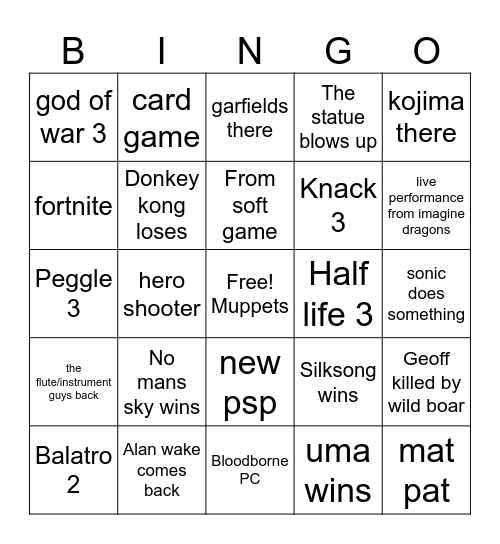 Game Awards Bingo Card