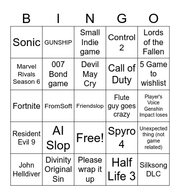 Game Awards 2025 Bingo Card