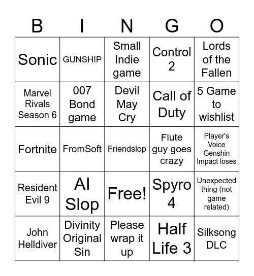 Game Awards 2025 Bingo Card