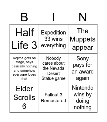 GameAwards2025 Bingo Card