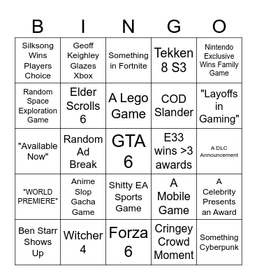 2025 Game Awards Bingo Card