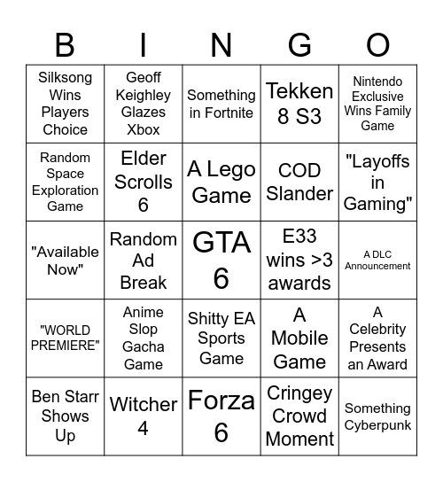2025 Game Awards Bingo Card