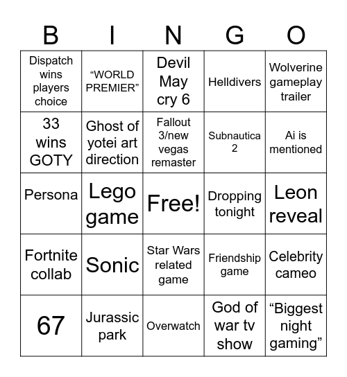 Game awards bingo Card