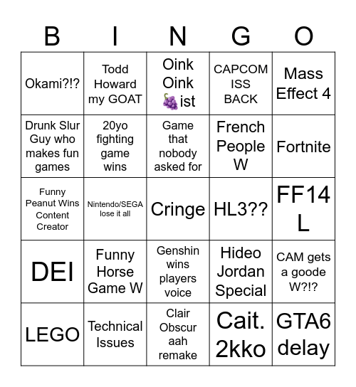 TGA 2025 Bingo Card