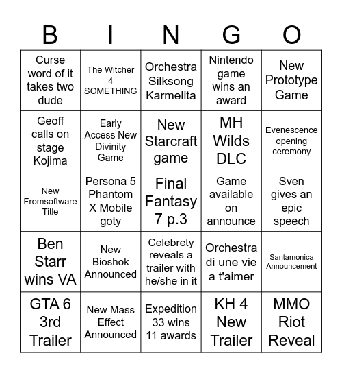 Game Awards Bingo Card