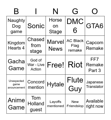 Game Awards 2025 Bingo Card