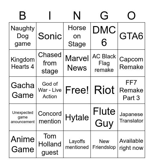 Game Awards 2025 Bingo Card
