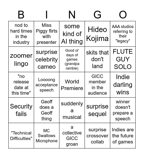TGA bingo Card