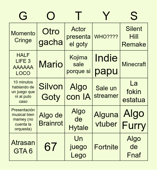 GOTYS BINGO Card