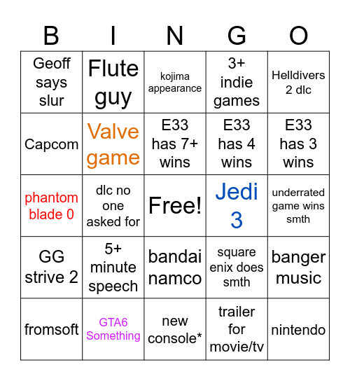 Game Awards Bingo Card