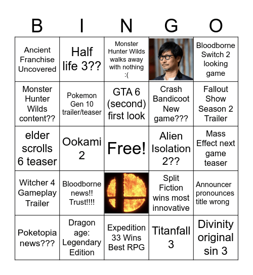 Game Awards 2025 Bingo Card