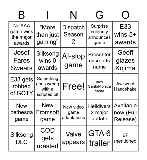 TGA Bingo Card