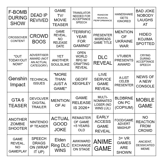 The Game Award Bingo Card