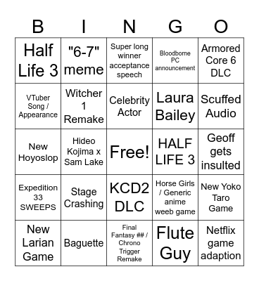 Game Awards 2025 Bingo Card
