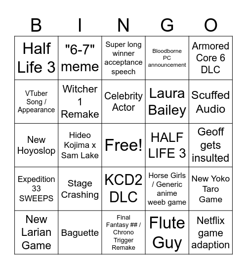 Game Awards 2025 Bingo Card