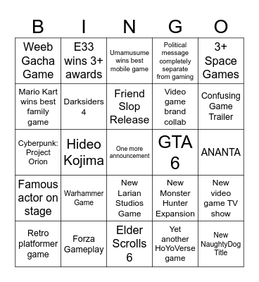 Game Awards Bingo Card