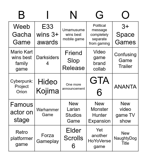 Game Awards Bingo Card