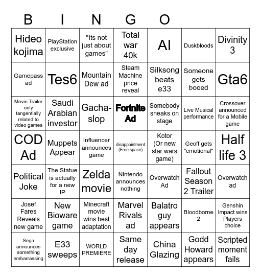 TGA 2025 Bingo Card