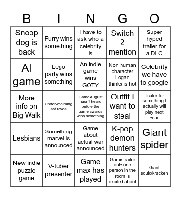 Game awards 2025 Bingo Card