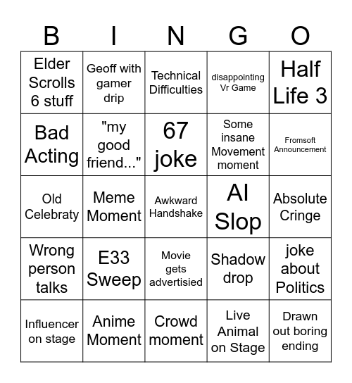 Game Awards 2025 Bingo Card