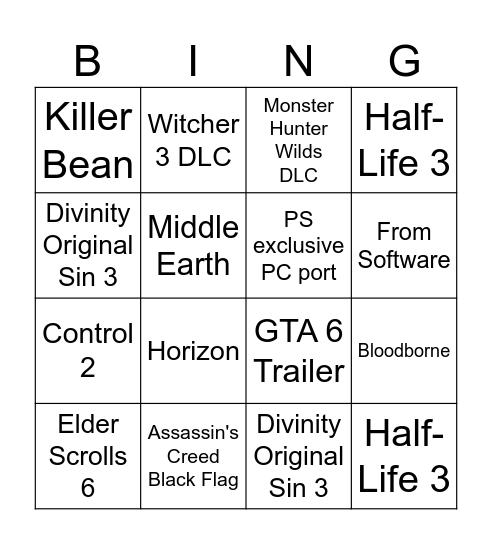 The Game Awards Bingo Card