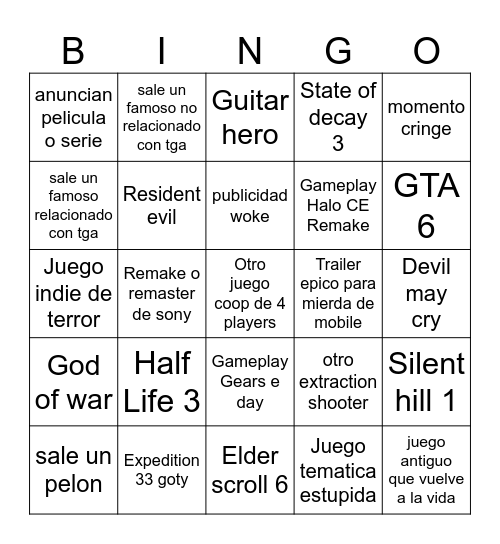 The games awards bingo 2025 Bingo Card