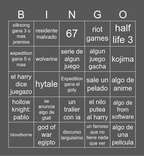 The Game Awards Bingo Card