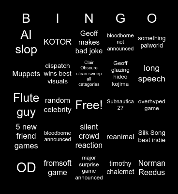 Bingus 2025 Game Awards Bingo Card